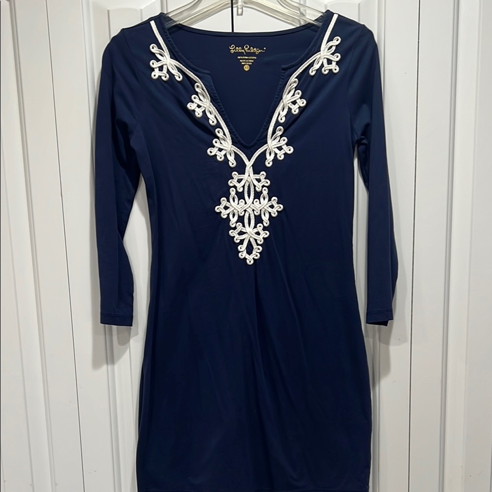 Lilly Pulitzer Navy Dress with White Embroidery- Size XS
